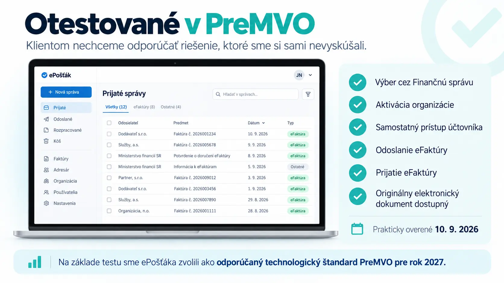 Praktický test riešenia ePošťák v&nbsp;PreMVO vrátane prijatia, odoslania a&nbsp;účtovníckeho prístupu.